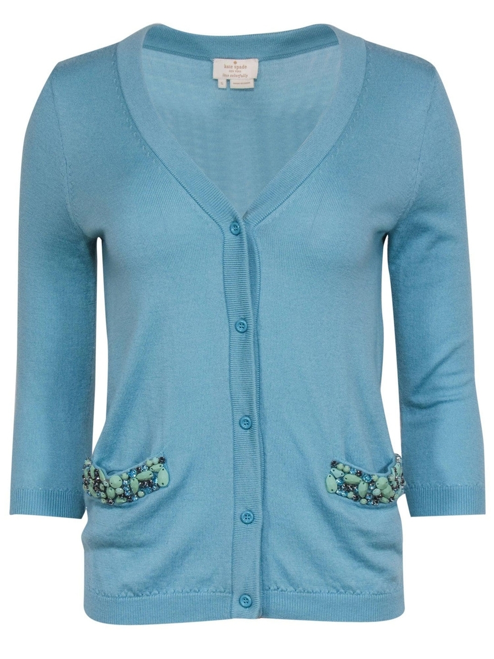 Kate Spade - Turquoise Button-Up Wool Cardigan Beaded Trim Sz Small
